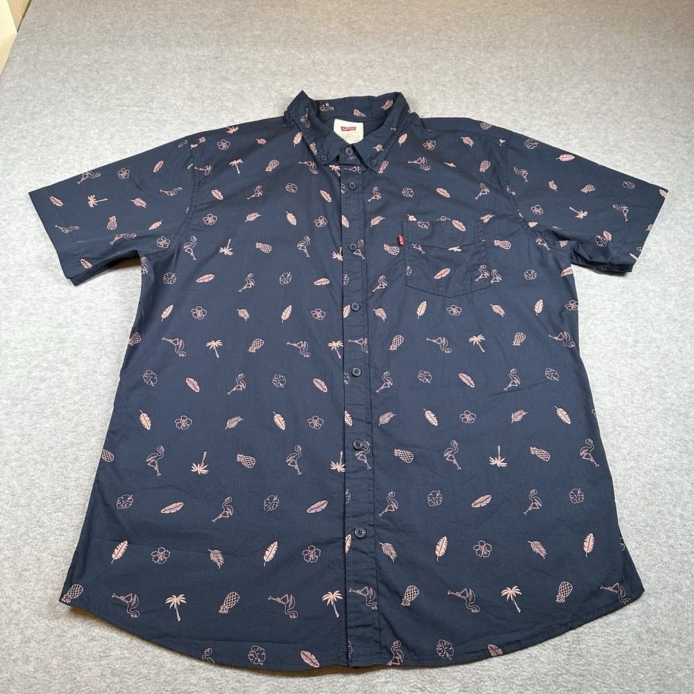 Vintage Levi's Hawaiian Shirt Mens XL Button Front Blue Cotton Pink Flamingos